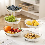 jessie 2 Tier Ceramic Fruit Bowl for Kitchen Counter with Metal Rack, Fruit Basket with Stand, Porcelain Bowls for Vegetable Bread Candy Snack Nuts Dessert Cake Tray (Gold 2 layer)