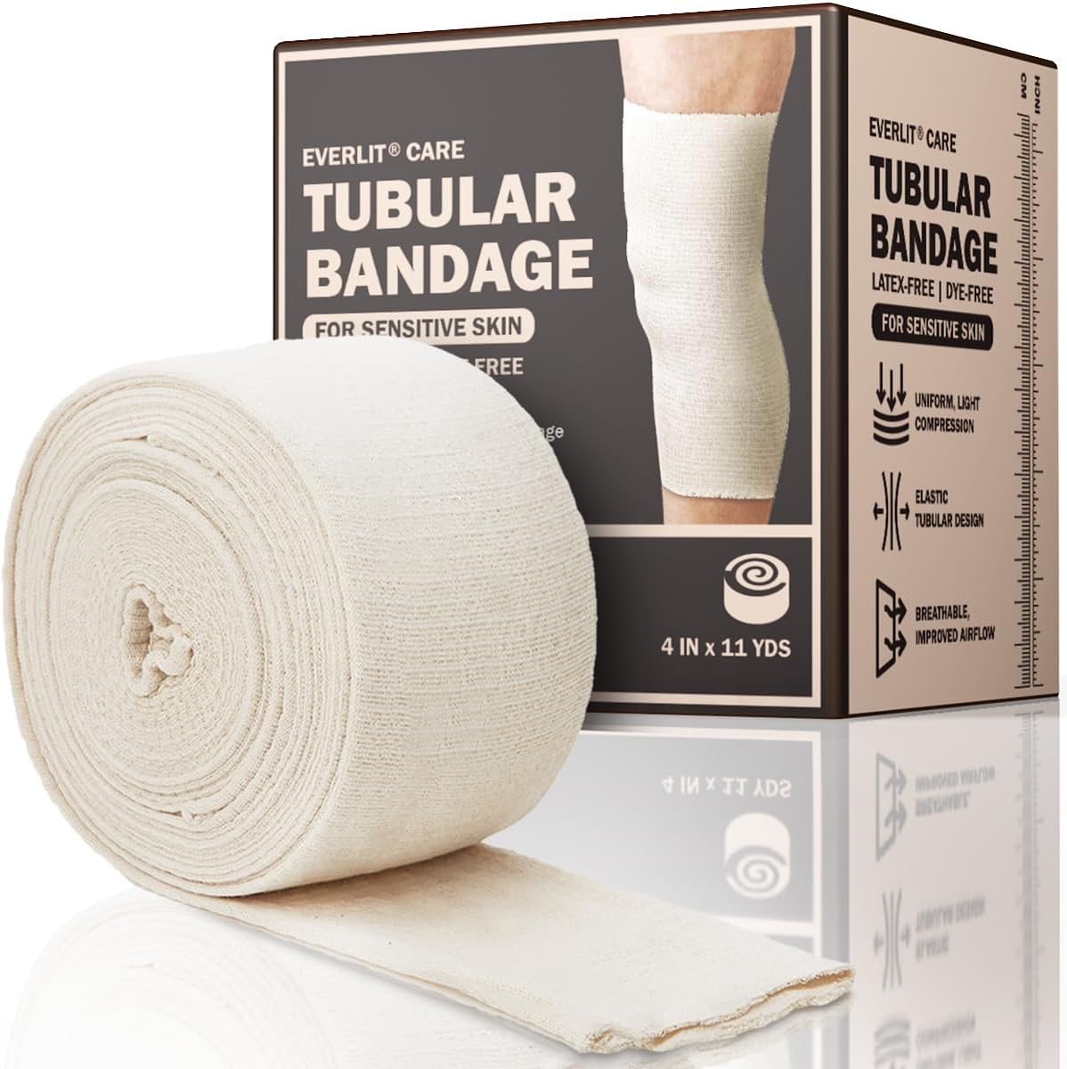 EVERLIT 560D Cotton Blend Elasticated Tubular Support Bandage | Latex-Free, Extra-Thick Breathable Stockinette for Arm, Knees, Legs | Moderate to High Compression for Sensitive Skin | 4" x 11 yd