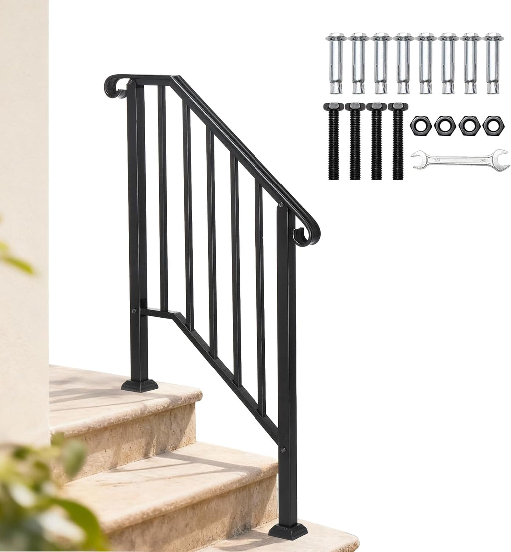 VINGLI Handrails for Outdoor Step, Stair Handrail Fits 1 to 5 Steps, Wrought Iron Hand Rail Stair Railing Kit for Concrete/Porch/Wooden Steps (Black, 2 to 3 Steps)