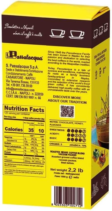 Passalacqua Cremador Whole Bean Coffee – 70% Arabica Medium/Dark Roast (1kg / 35.2 Ounce)