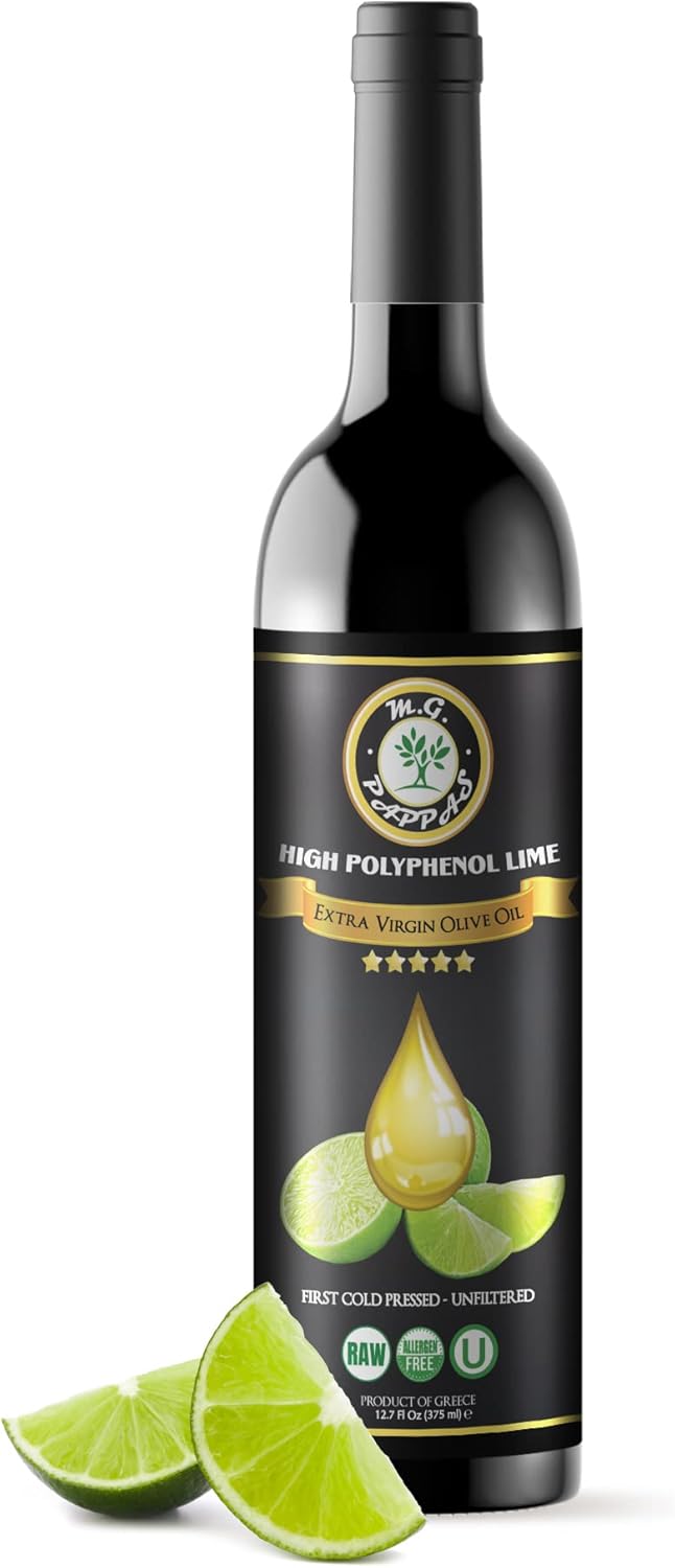 M.G. PAPPAS High Polyphenol Rich Lime Infused Olive Oil Extra Virgin - Over 500mg/kg - Unfiltered Cold Pressed Greek EVOO - Award Winning - Cooking Lime Oil – 12.7 Oz 375ml
