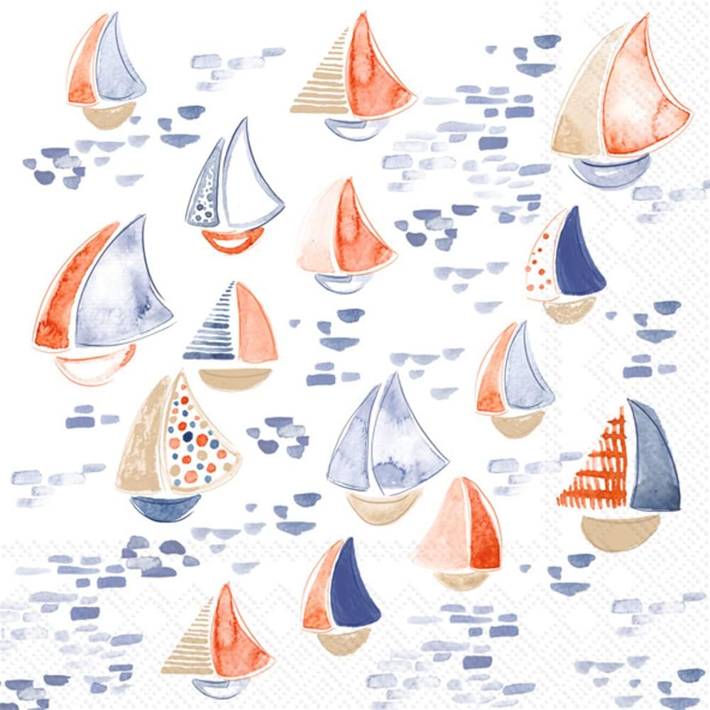 IHR Ideal Home Range 3-Ply Paper Napkins Coastal Nautical Beach Designs, 20-Count Cocktail Size, Nantucket Sailboat