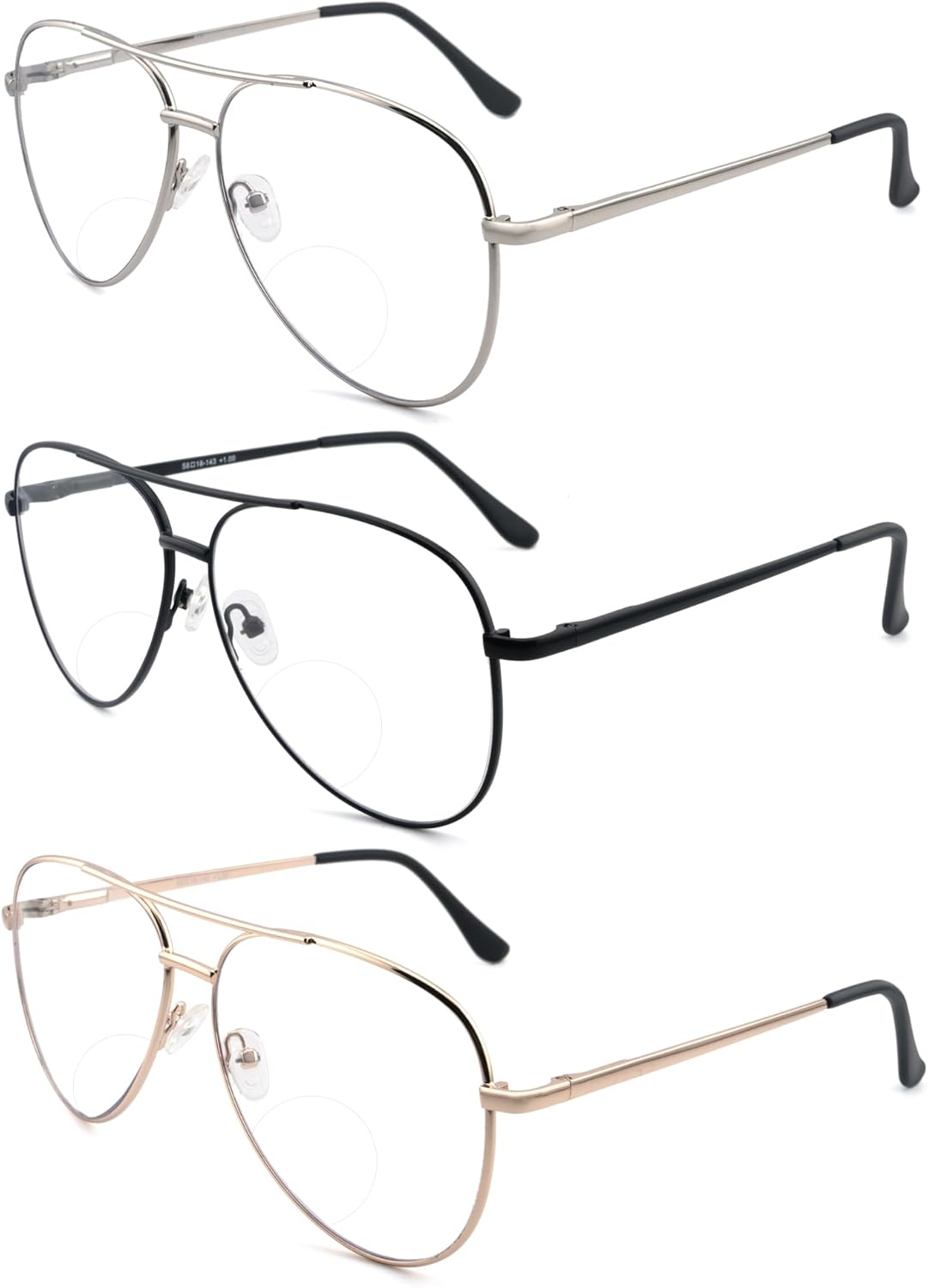 3 Pack Bifocal Reading Glasses for Women Men, Aviator Bi-focal Readers Glasses Dual Focal Eyewear +1.75