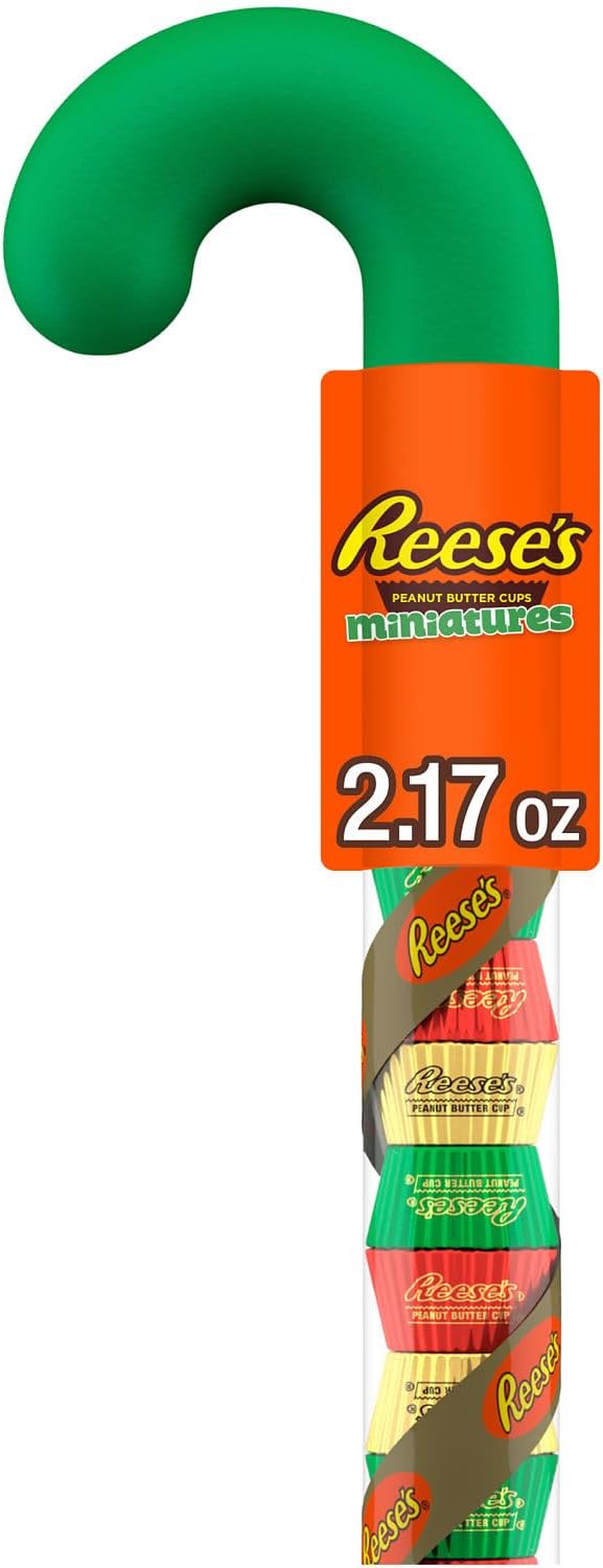 REESE'S Miniatures Milk Chocolate Peanut Butter Cups, Christmas Candy Plastic Cane, 2.17 oz