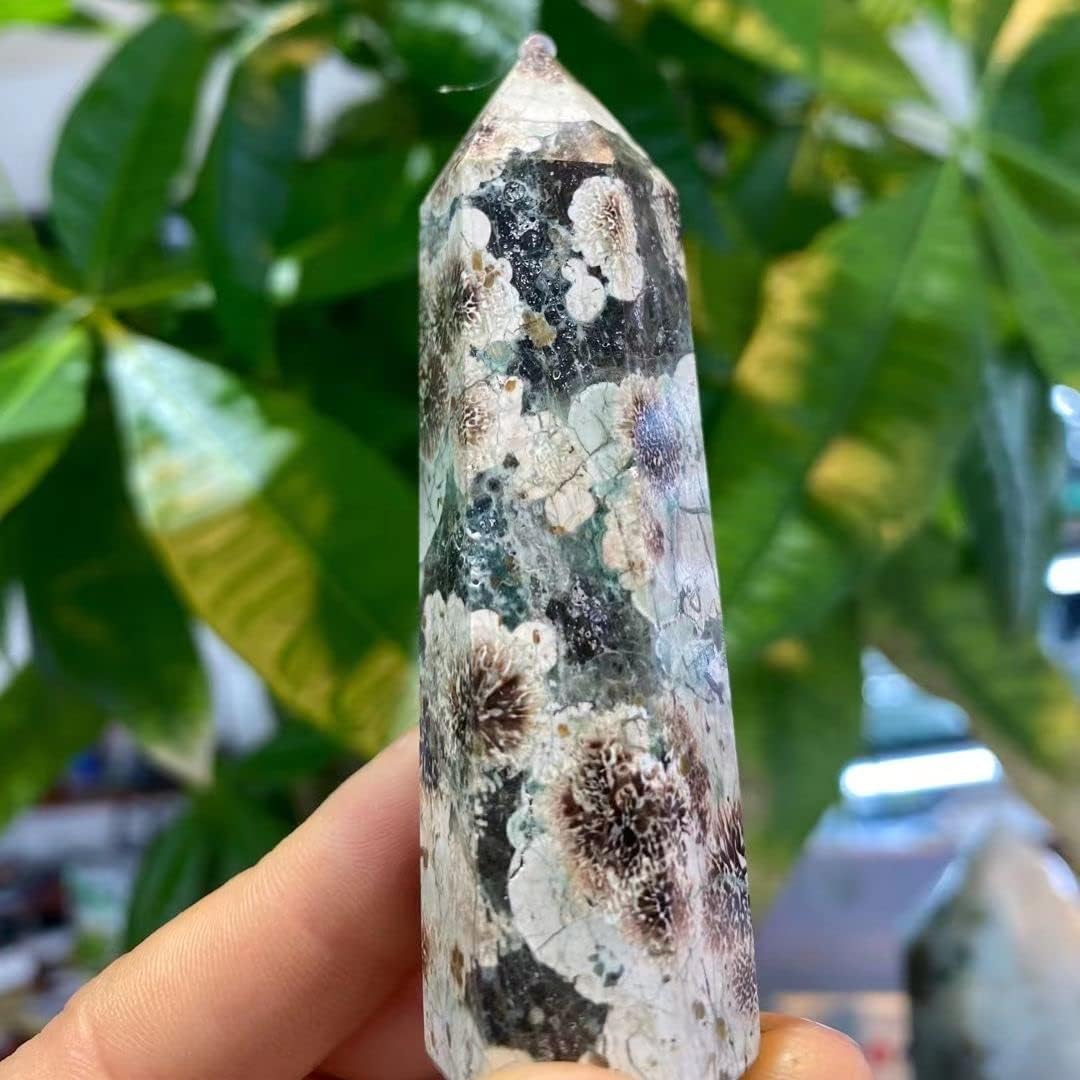 Meditation Home 1kg Green Cherry Blossom Flower Agate Obelisk Crafts Sakura Quartz Crystal Point Healing Wand Tower Generator Chakra Stone Prism (Size : 1pcs)
