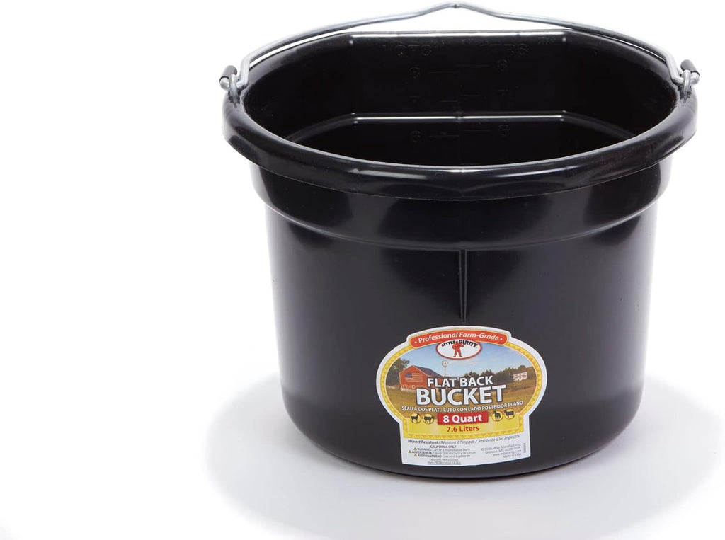 Little Giant® Flat Back Plastic Animal Feed Bucket | Animal Feed Bucket with Metal Handle | Horse Stall Feeding and Watering Supplies (Black, 8 Quart)