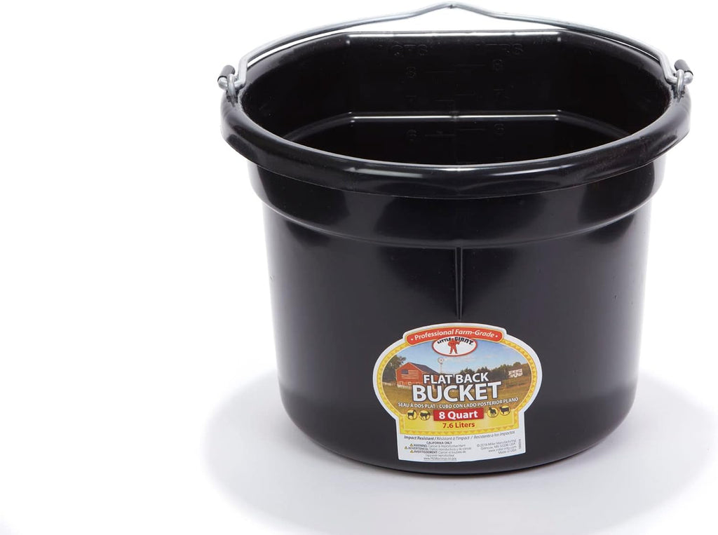 Little Giant® Flat Back Plastic Animal Feed Bucket | Animal Water and Feed Bucket with Metal Handle | 8 Quarts | Black