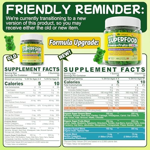 Kids Multivitamin Gummies w/Super Greens, 30 Veggie, Fruit, Iron, Daily Vitamin A C E D3 B12, Zinc, Probiotic, Shiitake, Kids Vitamins for Picky Eater Growth, Immunity, Digestion, Sugar Free, 2Pack