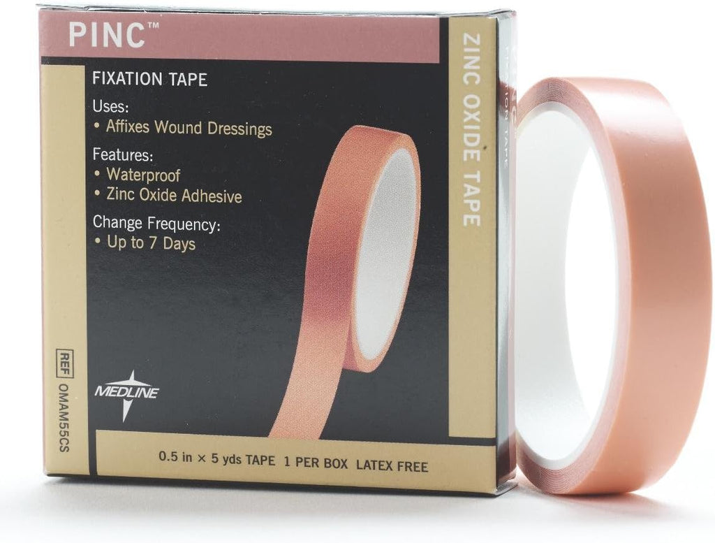 Medline Pinc Zinc Oxide Fixation Tape, 1/2" x 5 yd., Ideal for Wound Care and First Aid, Pack of 36