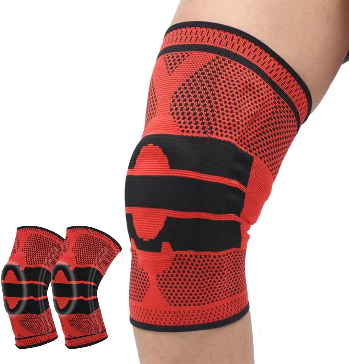 2 Pack Knee Sleeves for Men Women, Compression Knee Brace Knee Sleeve with Side Stabilizers & Patella Gel Pad, Knee Bands for Pain Relief Knee Braces for Knee Pain Knee Brace for Arthritis Pain and Support (Red, Medium)