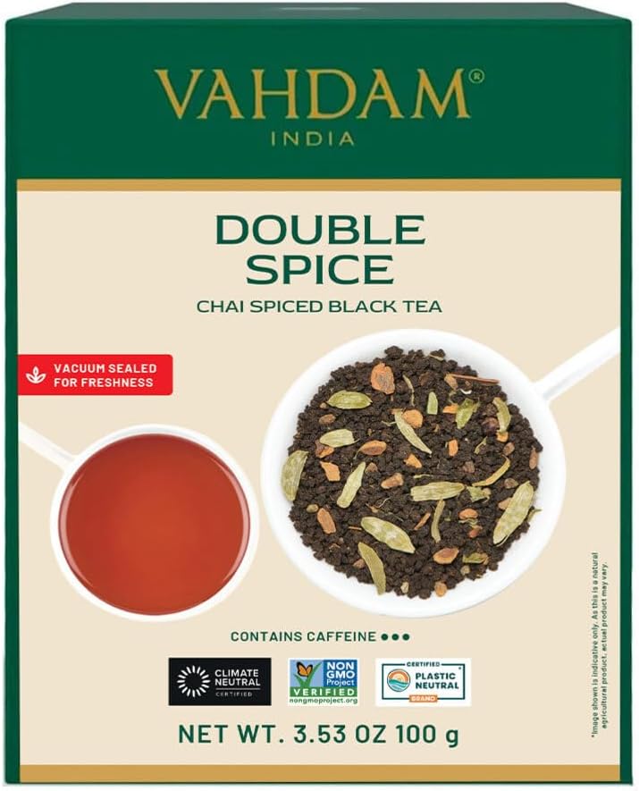 VAHDAM, Double Spice Masala Chai Tea (50+ Cups, 3.53oz) Strong, Robust & Spicy Blend - Black Tea CTC, Cardamom, Cinnamon, Cloves & Black Pepper | Pure Unblended Loose Leaf Tea | Vacuum Sealed