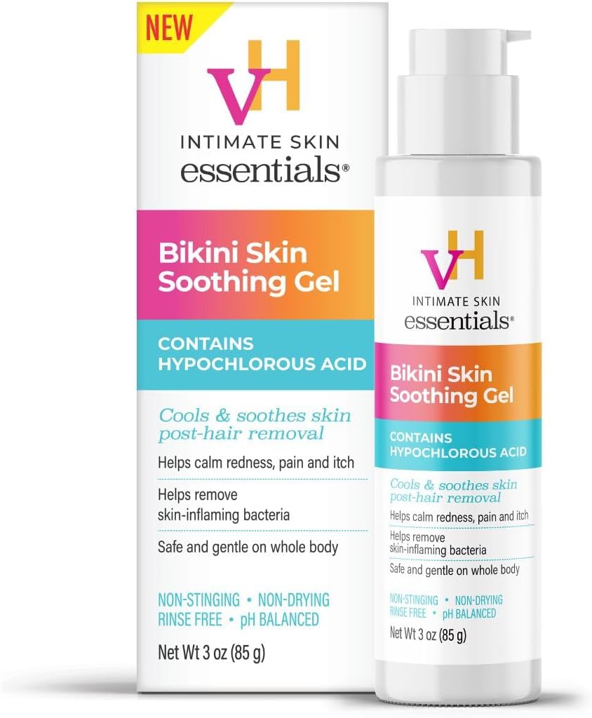 vH essentials Bikini Skin Soothing Gel with Hypochlorous Acid 3 oz. - Cools & soothes skin post-hair removal - Calms redness, pain, itch and irritation from razor bumps.