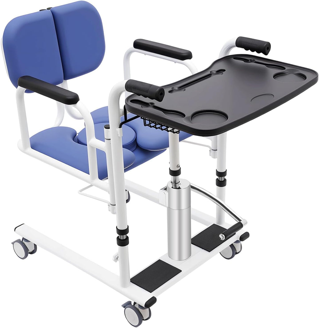 330.7lbs Hydraulic Patient Lift Chair, 180° Split Seat Nursing Transfer Chair Lift Chair with Detachable Seat Cushion and Portable Potty for Hospitals Elderly/Disabled, Adjustable Heigh (blue)