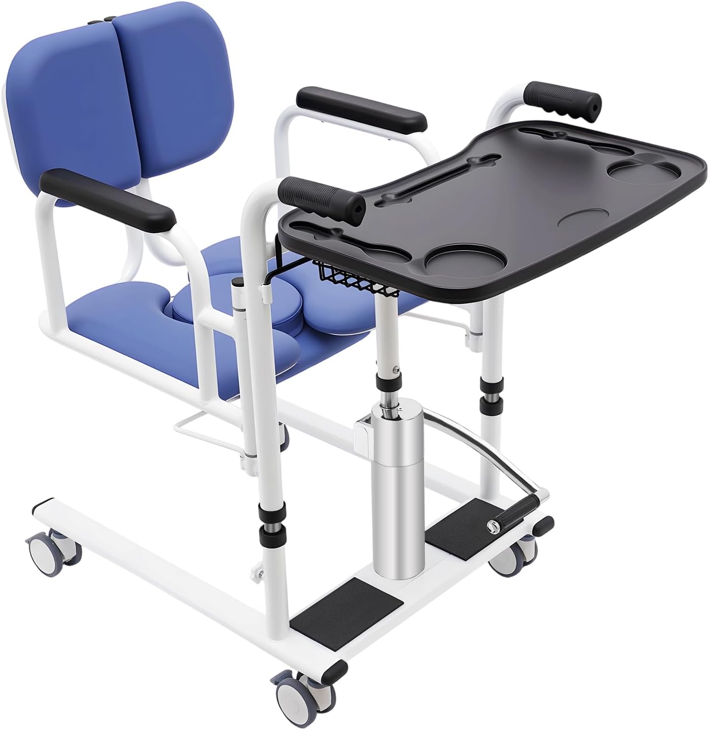330.7lbs Hydraulic Patient Lift Chair, 180° Split Seat Nursing Transfer Chair Lift Chair with Detachable Seat Cushion and Portable Potty for Hospitals Elderly/Disabled, Adjustable Heigh (blue)