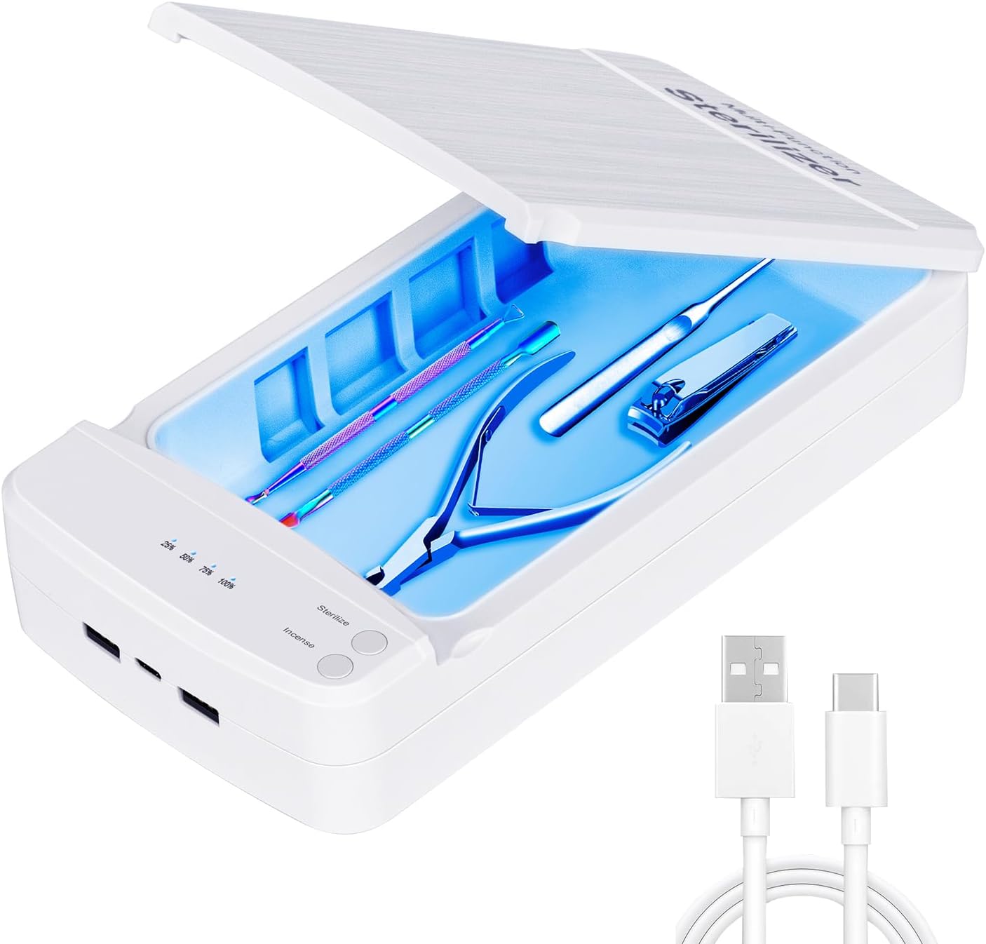 TAKIYA Nail Tool Cleaning with Blue Light, USB Portable Cleaner Machine, Nail Tips Art Tech Must Haves for Salon, Tweezers, Phone, Jewelry, Key, Watch, White