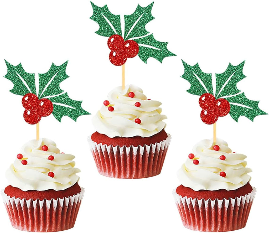 24pcs Christmas Holly Cupcake Toppers, Merry Christmas Cake Decorations Pick for Party, New Year Ceremony Party Cake Decorations Supplies (Holly)