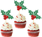 24pcs Christmas Holly Cupcake Toppers, Merry Christmas Cake Decorations Pick for Party, New Year Ceremony Party Cake Decorations Supplies (Holly)