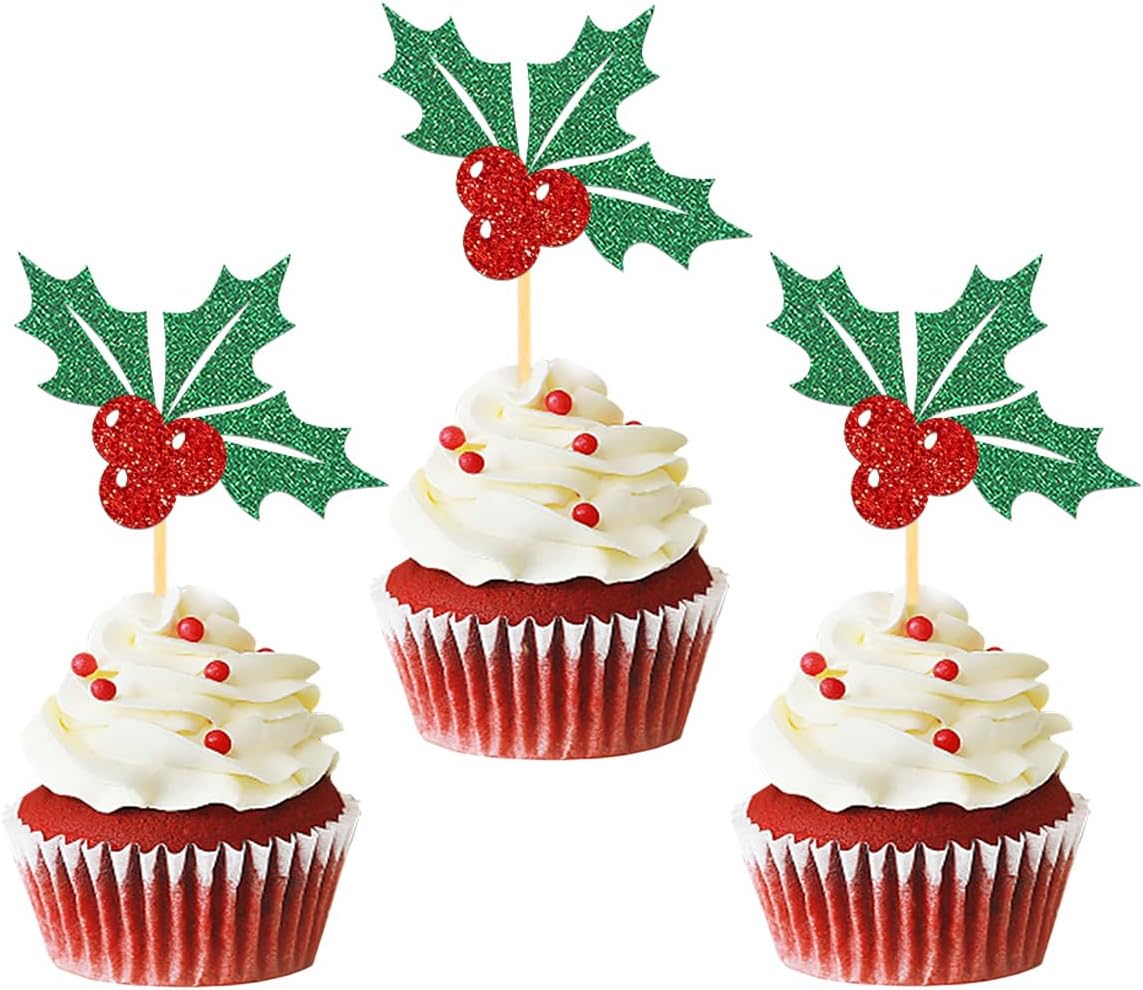 24pcs Christmas Holly Cupcake Toppers, Merry Christmas Cake Decorations Pick for Party, New Year Ceremony Party Cake Decorations Supplies (Holly)