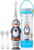 BrushBaby - WildOnes - Kids Rechargeable Electric Toothbrush, Ages 0-10 - Penguin Design with Flashing Lights - DeepClean Bristles for Superior Cleaning - 2 Replacement Brush Heads, 1 USB Cable