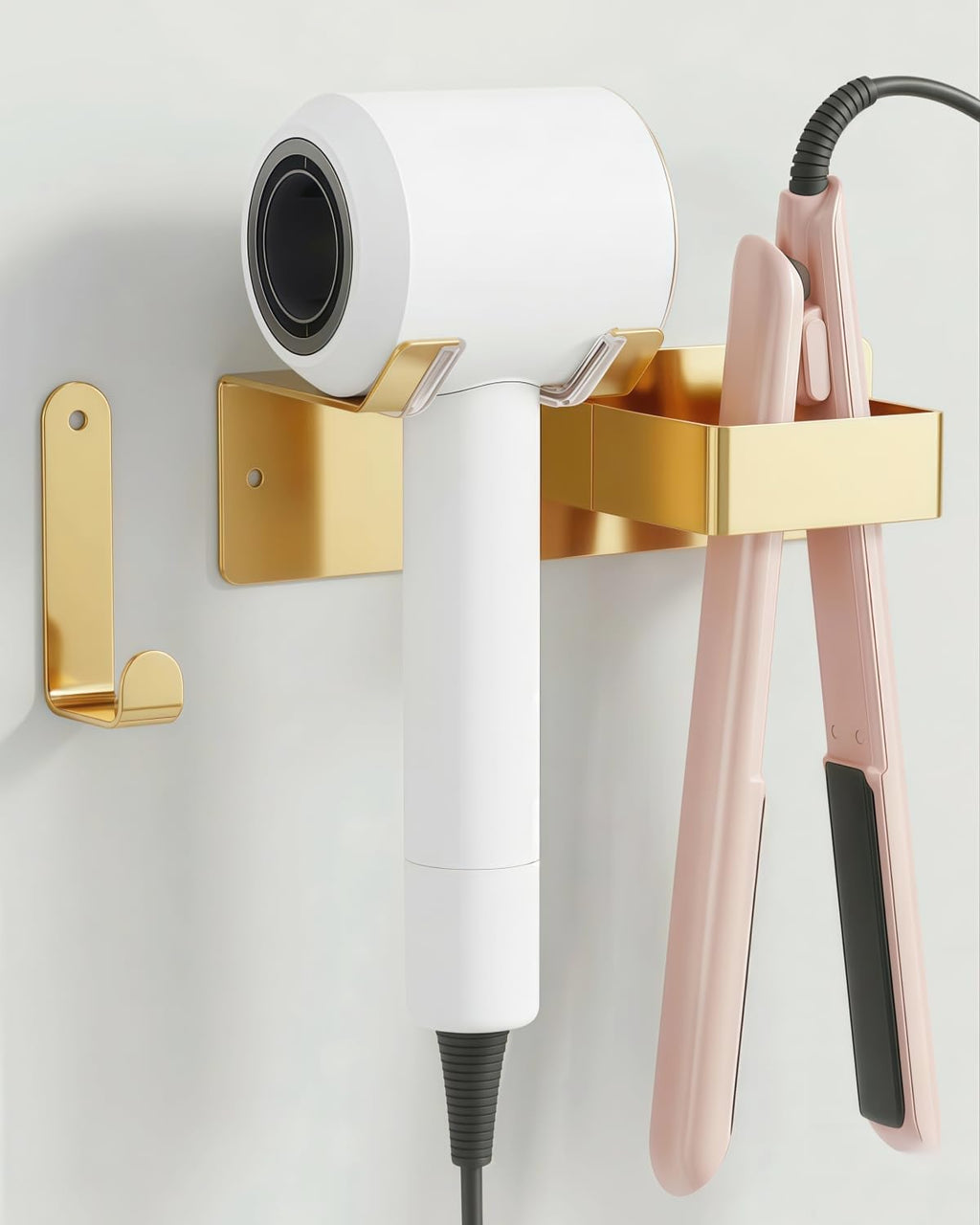 Hair Dryer and Straightener Holder, Upgraded Hair Straightener Holder with Cable Hook, Stainless Steel Universal Hairdryer Holder Wall Mounted Waterproof for Bathroom Space-Saving Gold PTALSEAW