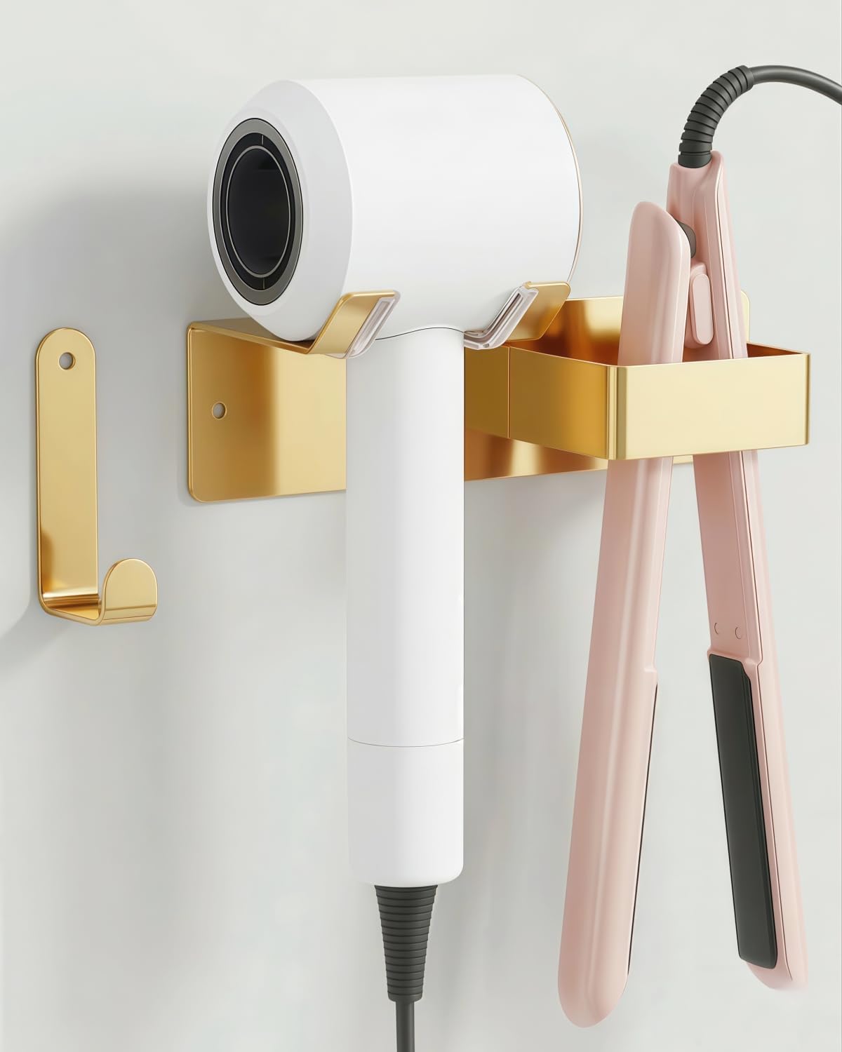 Hair Dryer and Straightener Holder, Upgraded Hair Straightener Holder with Cable Hook, Stainless Steel Universal Hairdryer Holder Wall Mounted Waterproof for Bathroom Space-Saving Gold PTALSEAW