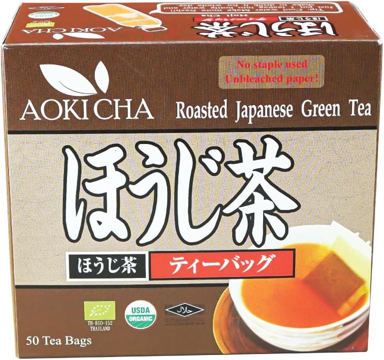 Suwirun Aoki Cha Organic Hojicha 50 Bags – Japanese Roasted Green Tea – Smooth, Bold & Naturally Sweet – Low Caffeine, Eco-Friendly, Unbleached Tea Bags for Hot & Cold Brew