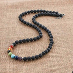 Pingyongchang 7 Chakra Beaded Stone Strand Necklaces for Women Men Luck Natural Black Rock Lava Gemstone Chokers Reiki Healing Stone Long Pendant Necklace Christmas Birthday Gifts-7 Chakra