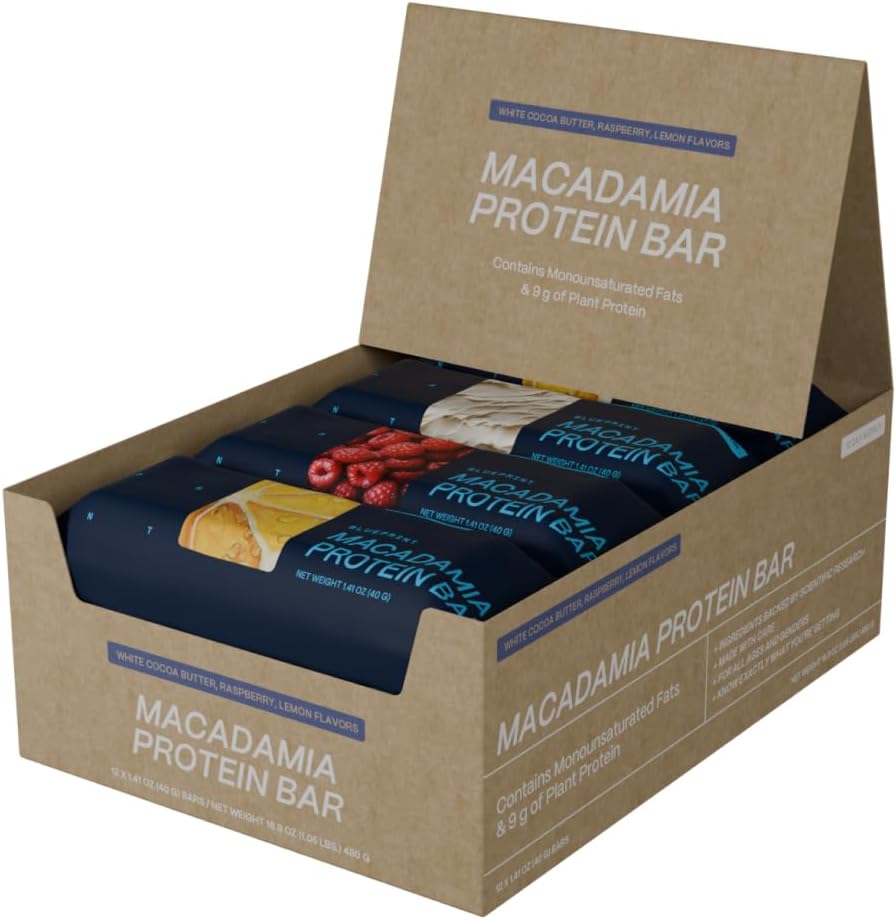 Blueprint Bryan Johnson Macadamia Nut Protein Bars – Variety Pack Protein Bars - Lemon, White Cocoa & Raspberry – Vegan, Low Sugar, Keto-Friendly Snacks – Non-GMO, Raw Nut Bar– 9g Protein – 12 Pack