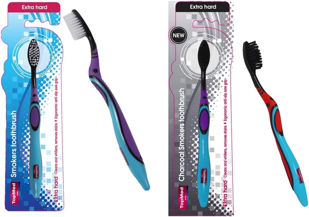 Top Med ETS Smokers Toothbrush Extra Hard + Charcoal Toothbrush Extra Hard (Color May Vary) 2 Count
