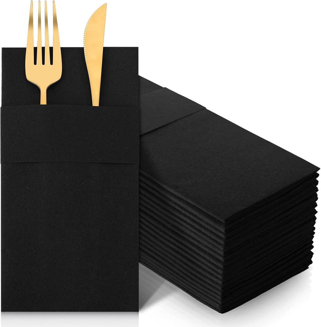 Cindeer 150 Pcs Black Linen Dinner Feel Napkins with Built in Flatware Pocket Prefolded Paper Disposable Airlaid Guest Hand Towel for Silverware Wedding Reception Christmas Baby Shower