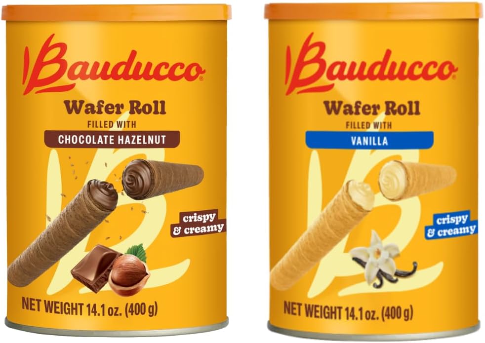 Bauducco Wafer Rolls, Crispy Chocolate & Vanilla Wafer Rolls Filled with Creamy Hazelnut & Vanilla, 28.2 oz (Pack of 2)