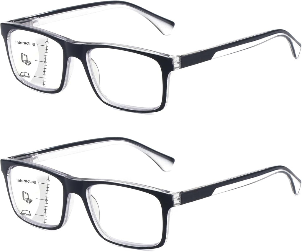 Missfive 2-Pack Light Multifocus Progressive Reading Glasses Men, Blue Light Blocking Multifocal Spring Hinge Trifocal Readers No-Line Stylish Black Eyeglasses(Workspace For Near Range 1.75x)