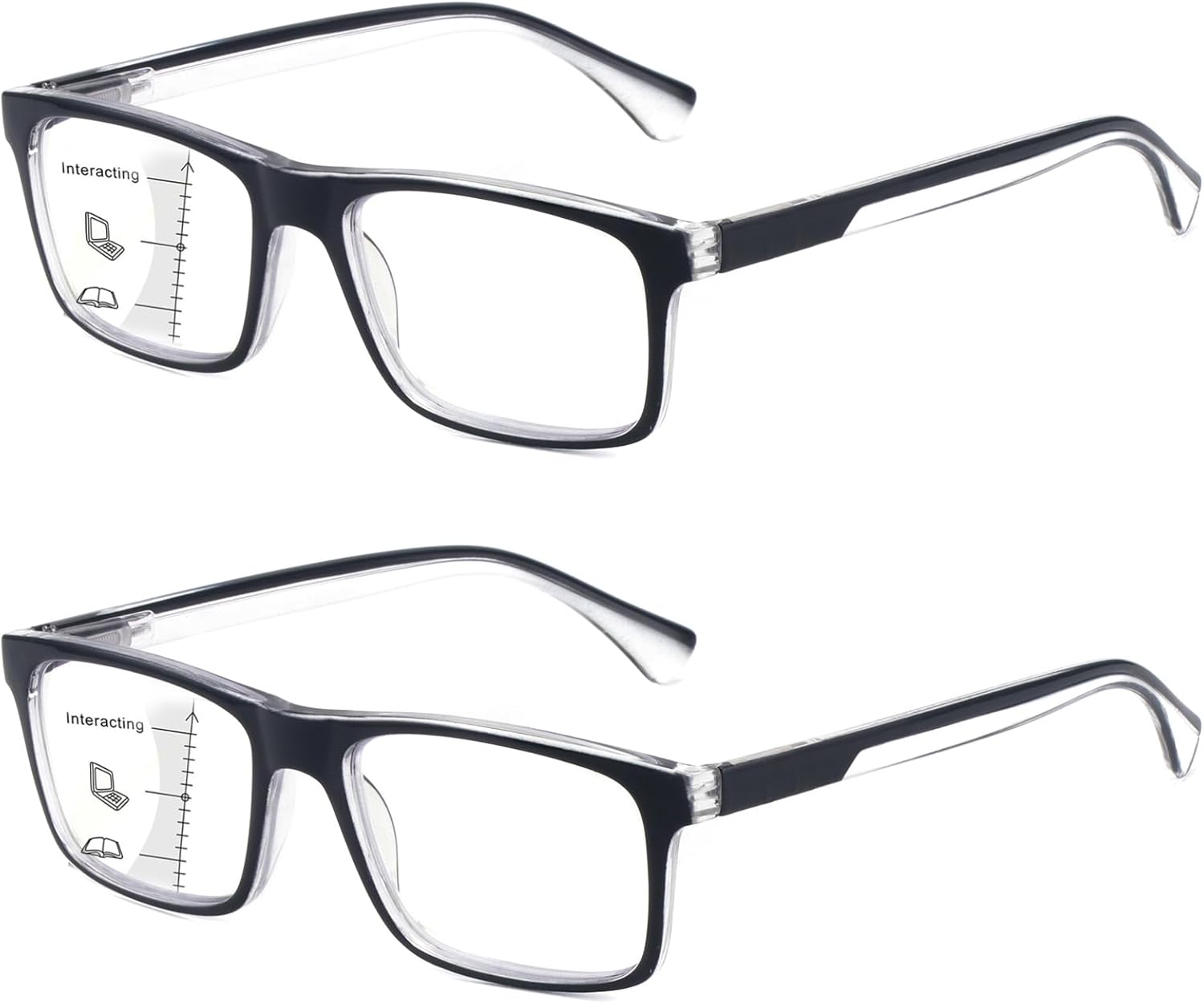 Missfive 2-Pack Light Multifocus Progressive Reading Glasses Men, Blue Light Blocking Multifocal Spring Hinge Trifocal Readers No-Line Stylish Black Eyeglasses(Workspace For Near Range 1.75x)
