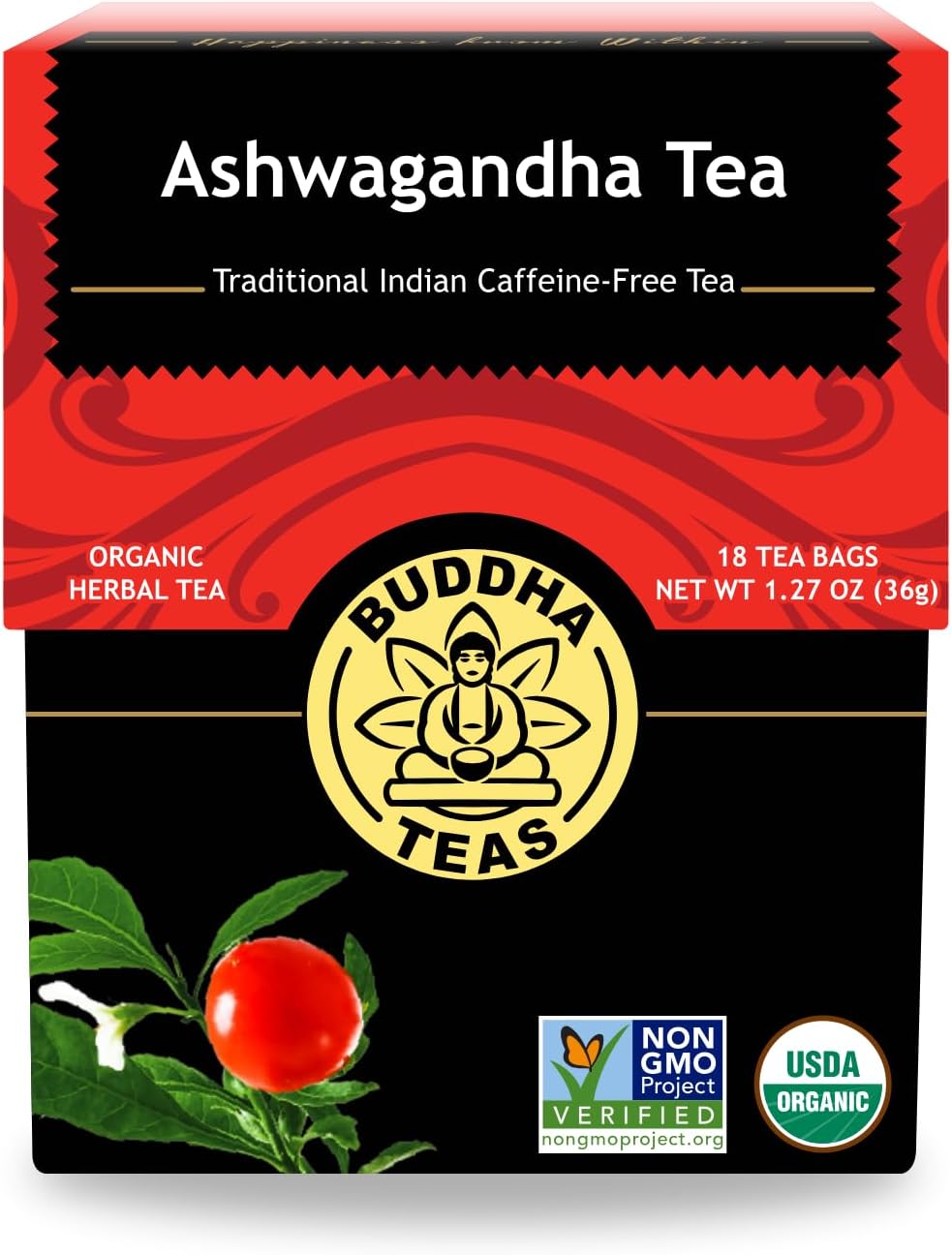 Buddha Teas - Ashwagandha Root Tea - Herbal Tea - Promote Cleansing & Wellness - With Antioxidants & Minerals - Clean Ingredients - Caffeine Free - OU Kosher - 18 Tea Bags (Pack of 1)
