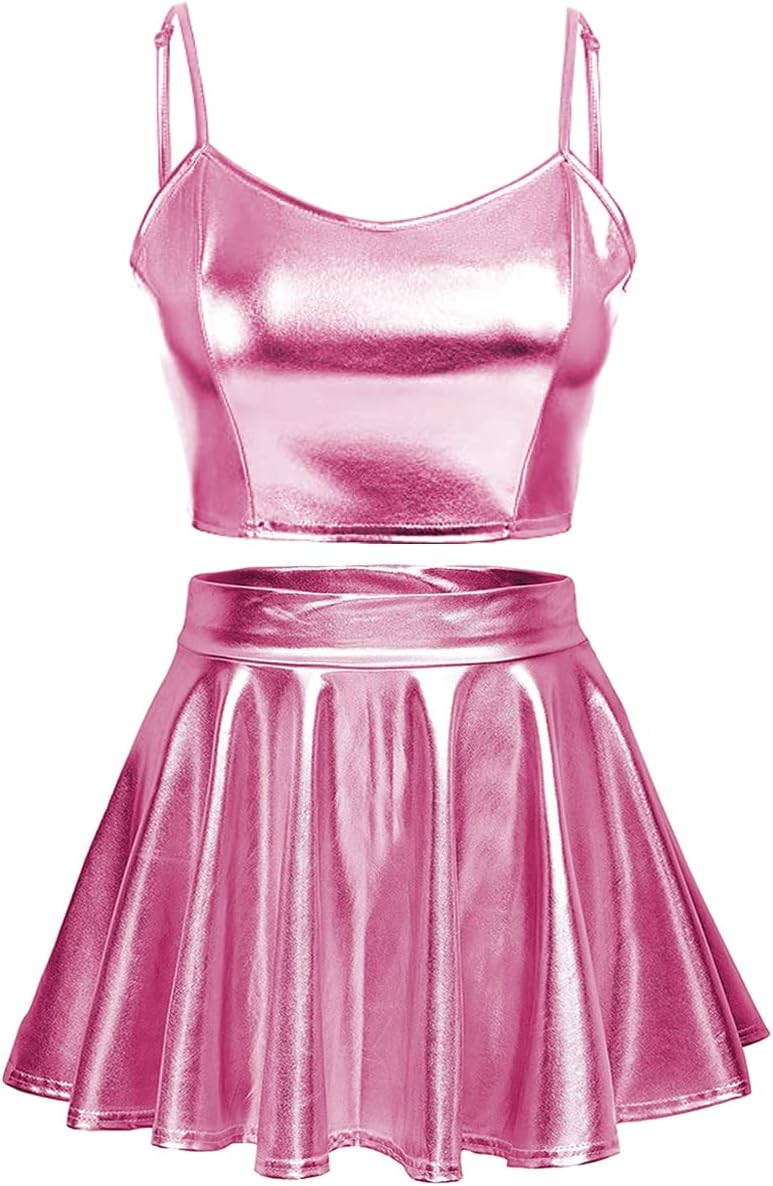 Women's Rave Outfit Sets For Women Festivals 2 Pcs Metallic Tops Long Skirt EDM Party Club Holographic Rave Outfits