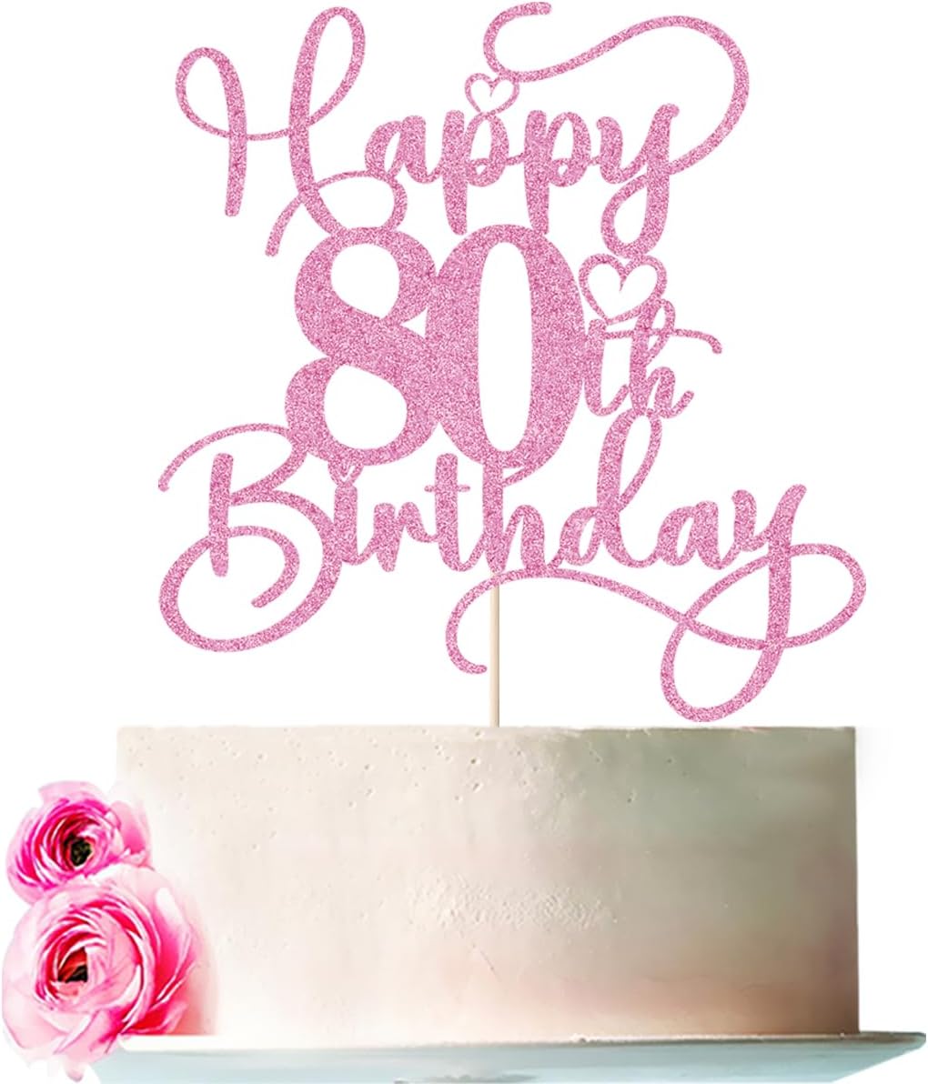 Pink Happy 80th Birthday Cake Topper 1pcs Glitter Cake Topper for Eighty Birthday/Anniversary Theme Party Cake Decorations Supplies (80th)