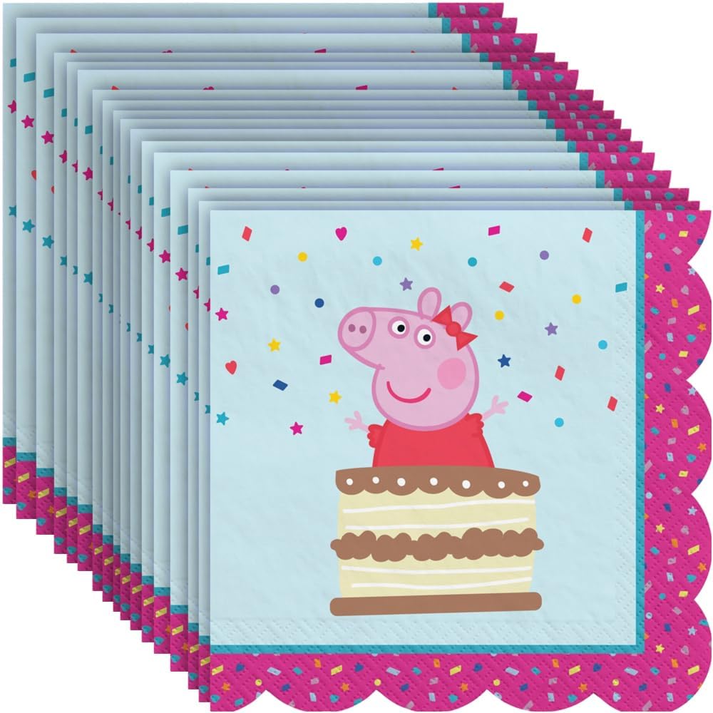 Multicolor Peppa Tea Party Scallop Beverage Paper Napkins (5" x 5") 16 Count - Premium Quality & Absorbent Napkins, Perfect For Parties & Themed Events