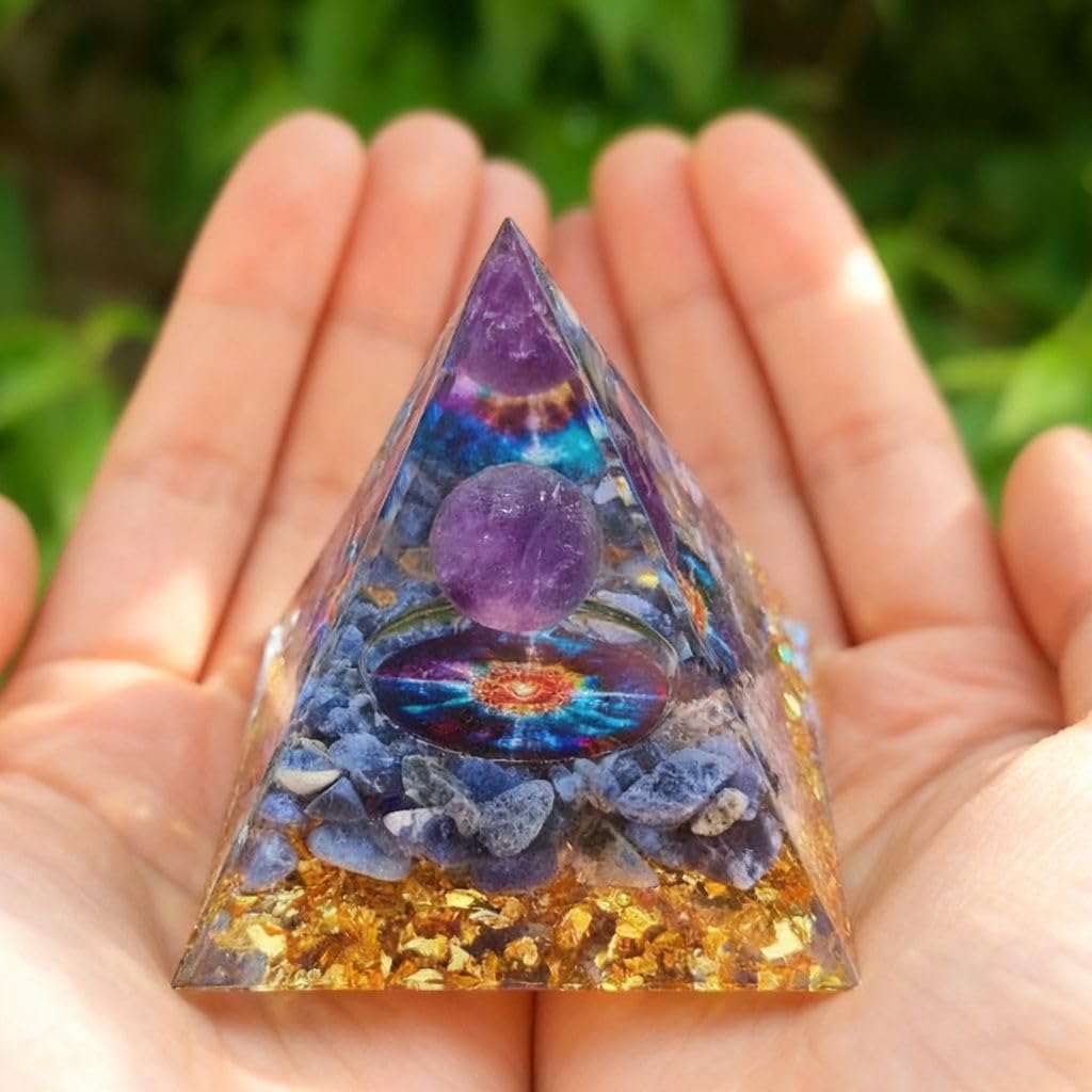 5 Inch Crystal Resin Pyramid, Handmade Amethyst Blue Crystal Art Decor for Home Office Spiritual Gift