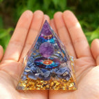 5 Inch Crystal Resin Pyramid, Handmade Amethyst Blue Crystal Art Decor for Home Office Spiritual Gift
