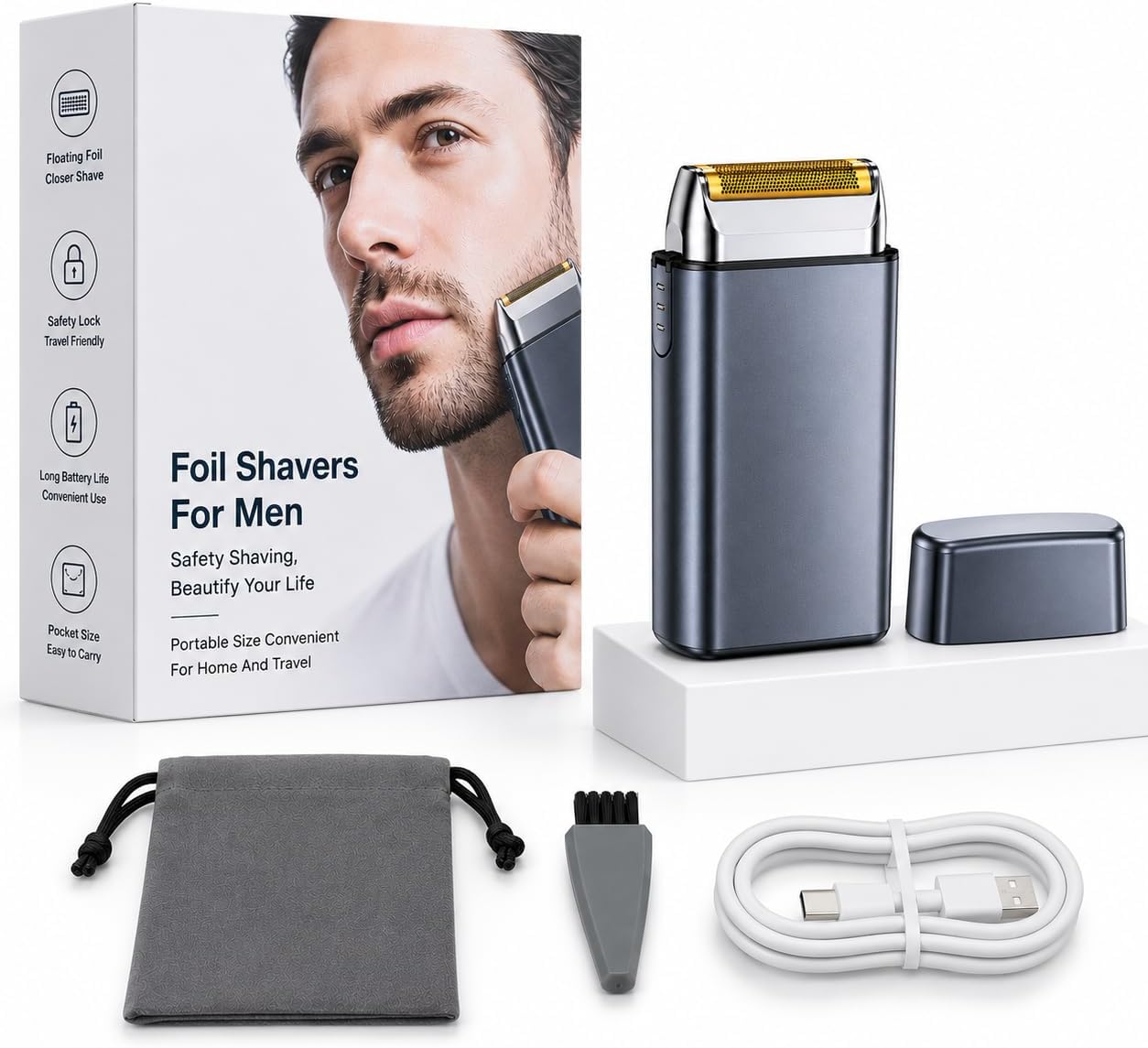 Professional Foil Shaver for Men, Rechargeable Cordless Electric Razor for Ultra-Close Shave, Travel-Friendly Design with Protective Cap & Pouch, High-Speed Powerful Motor - Grey