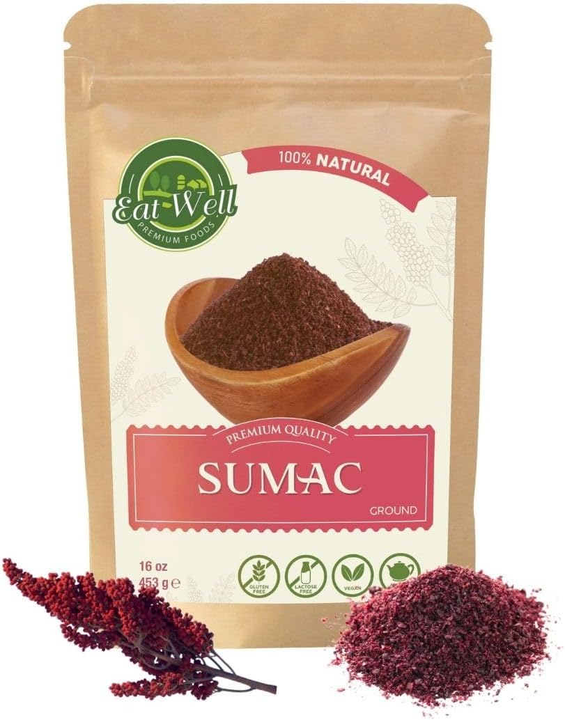 Eat Well Premium Foods Sumac Spice Powder 16 oz Bulk Extra Large Size Ground Sumac Berries in Resealable Pack, 100% Natural Traditional Middle Eastern Spices, Sumac Seasoning Pure Gourmet Ingredients for Cooking
