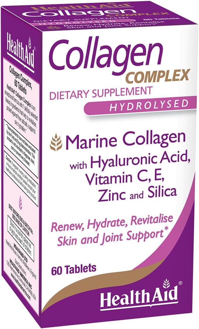 HealthAid Collagen Complex – Marine Hydrolyzed Collagen with Hyaluronic Acid, Vitamins C & E, and Zinc | 60 Tablets (2 Daily) to Support Skin Hydration & Elasticity