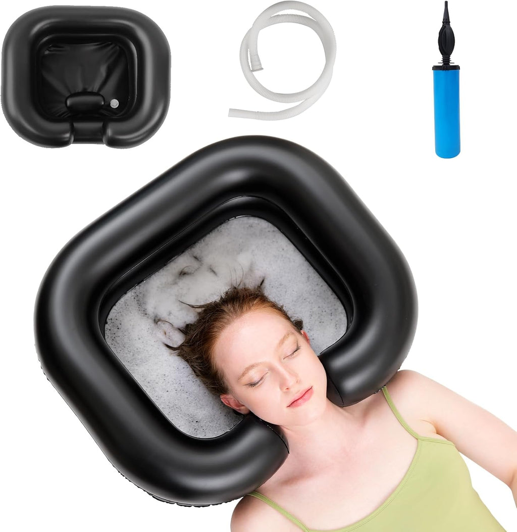 Inflatable Shampoo Basin, Portable Shampoo Bowl with Neck Support and Drain Hose for bedridden People, Portable Shampoo Sink for The Elderly, Disabled, Pregnant Women, Injured People (Black)