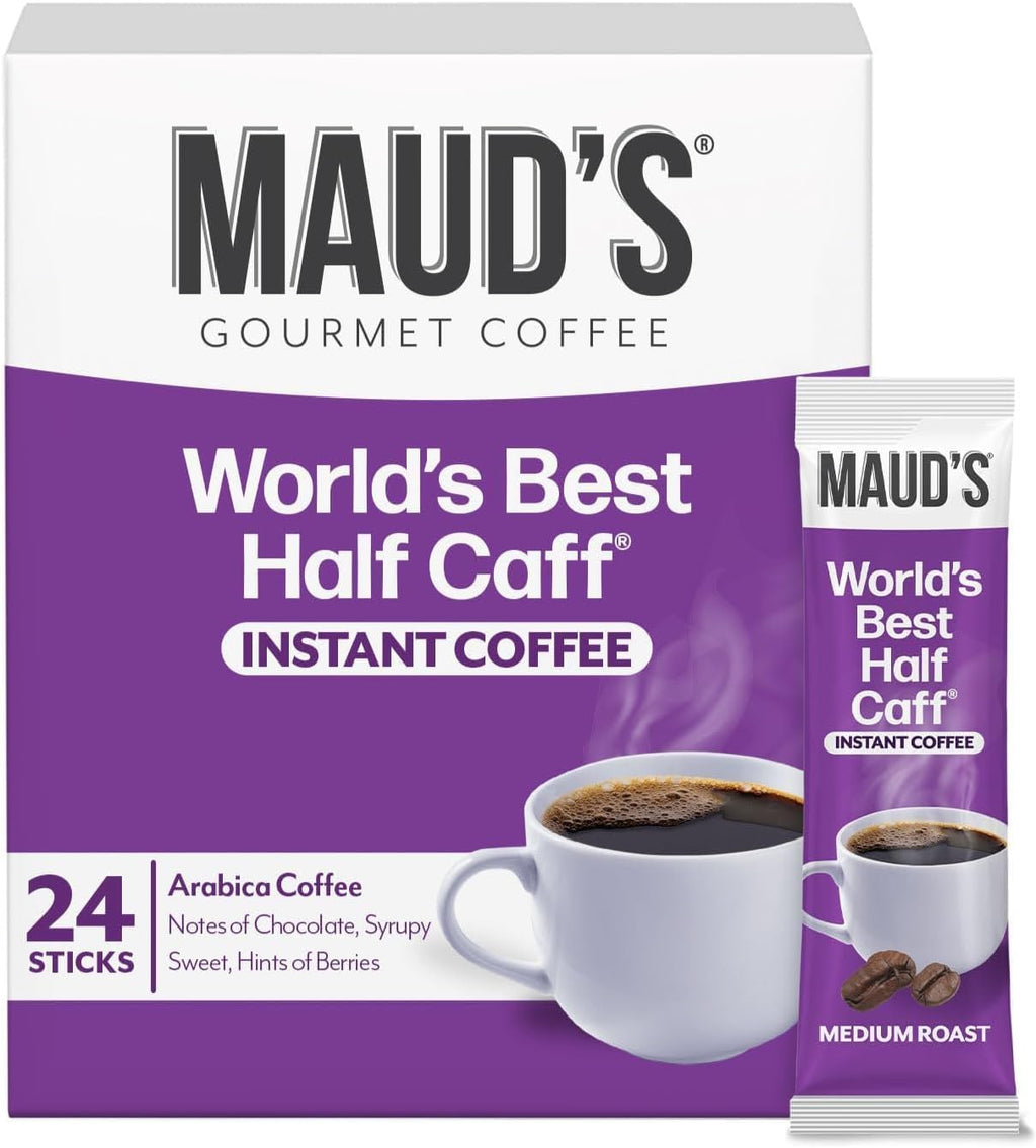 Maud's Half Caffeine Instant Coffee, 24 ct, 100% Arabica Coffee, Medium Roast, Instant Hot or Iced Coffee - Just add water
