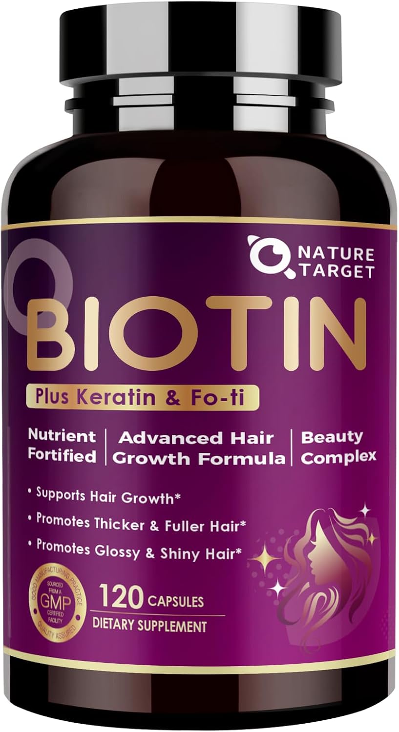 NATURE TARGET Biotin 10000mcg Hair Growth Vitamins – Maximum Strength Hair Growth Supplement with Collagen, Keratin, Fo-Ti, MSM, Zinc & B Vitamins for Thicker, Stronger Hair, Skin & Nails