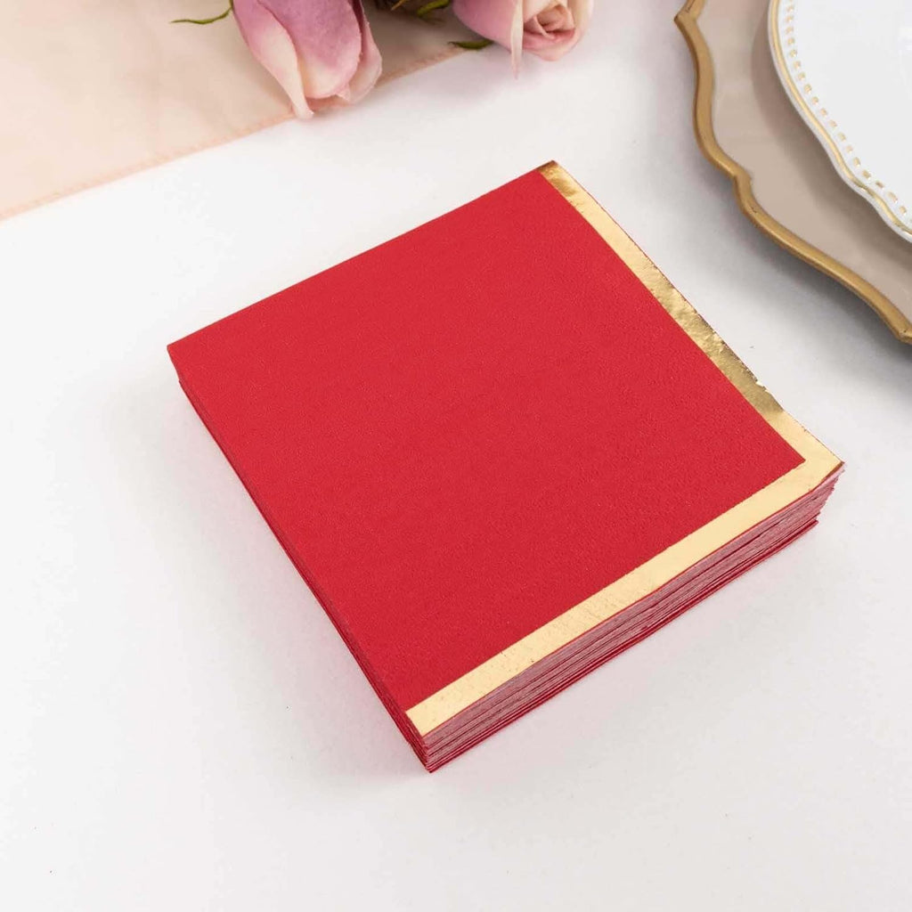 100 Count Red 2-Ply Paper Beverage Napkins with Gold Foil Edge, Soft Disposable Cocktail Napkins 18 GSM - 5"x5"