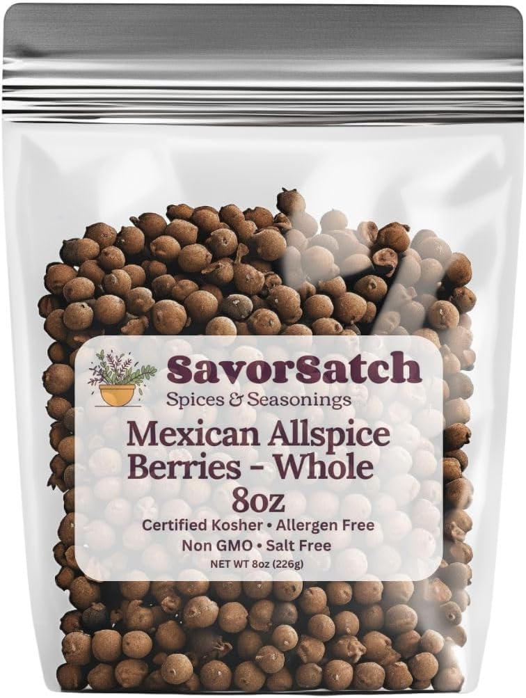 SavorSatch Whole Allspice Berries Pimenta dioica - Certified Kosher, 8oz Resealable Pouch | Fresh, Aromatic, All-Natural Spice for Cooking, Baking, Pickling, Bottle Refill, and Grinder Refill