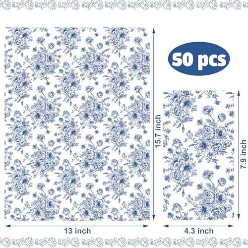 50 Pack Blue Floral Paper Napkins Blue Flower Guest Napkin Disposable 3 Ply Decorative Floral Hand Towels Dinner Napkins for Bridal Shower Baby Shower Wedding Birthday Dinner Party Supplies