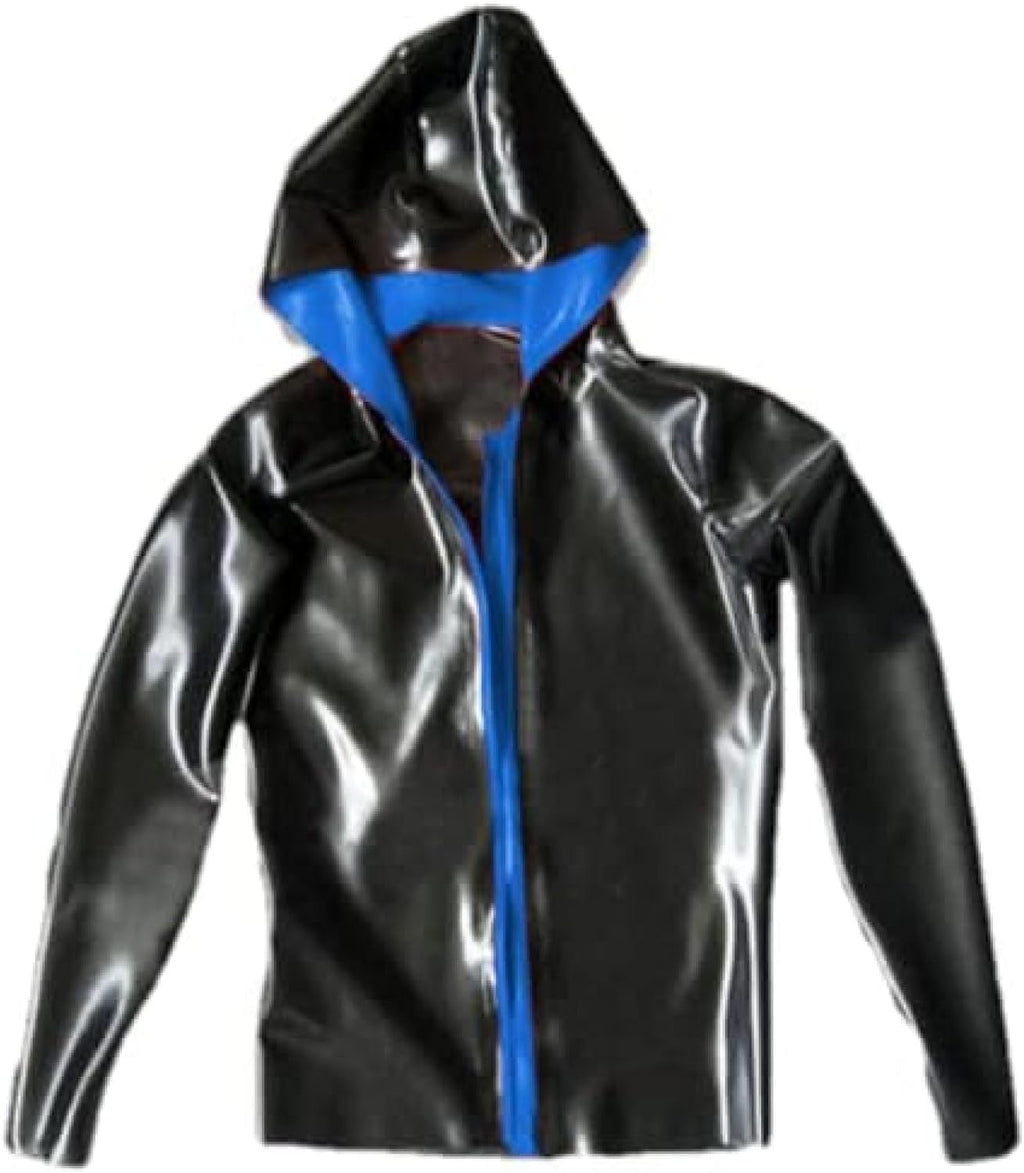 Latex Rubber 100% Tops Hoodie Jacket Blue with Black Man,Black,3XL