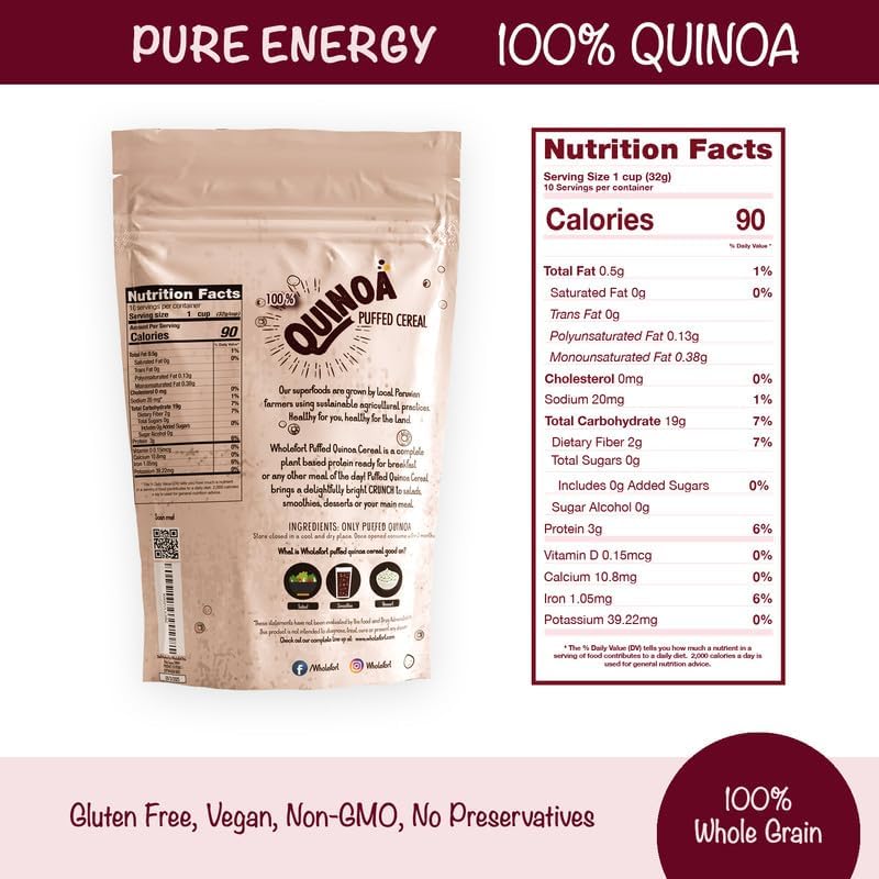 Puffed Quinoa Cereal + Nothing – Vegan – Gluten Free – Non-GMO – [11 oz] It Pops as Snacks – Cereal – Salad Topper for Sustainable Energy – Crunchy Ancient Good Mood Food – by Wholefort